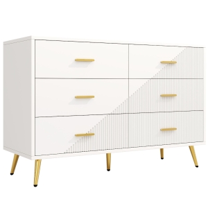 Credenza da cucina con 6 cassetti, ante tridimensionali e gambe dorate, 120x40x75 cm, Bianco