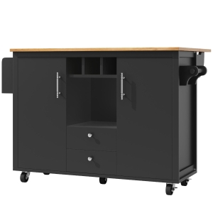 Isla de cocina con mesa abatible, amplio espacio de almacenaje, botellero, soporte para toallas y especias, 137,9x45/73x92,2 cm, Negro