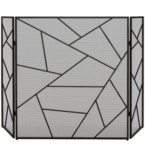 HOMCOM Pare feu cheminée pliable 3 panneaux en acier avec décor géométrique et pieds antidérapants, 135l x 1,2P x 85H cm, noir