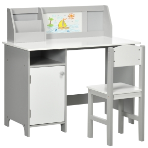 HOMCOM Ensemble table et chaise pour enfant avec tableau blanc - bureau pour enfant +5 ans - 90L x 45l x 85H cm Gris