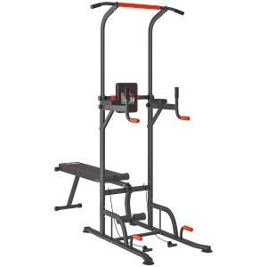 HOMCOM Torre Entrenamiento Energía Power Tower Estación Pull Up Multifuncional Ajustable en Altura con Banco Plegable Barra de Dominadas para Fitness 220x98x181-229 cm Negro
