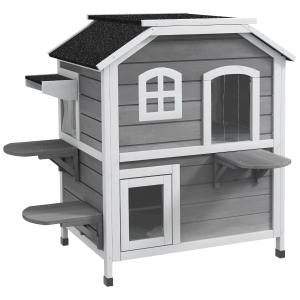 PawHut 2-story Cat House Outdoor, Weatherproof Wooden Cat Enclosure for Feral Cats with Escape Door, Openable Roof, Jumping Platforms, Grey