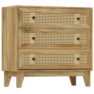 HOMCOM Commode 3 tiroirs meuble de rangement cannage en rotin aspect bois clair 80 x 35 x 76 cm