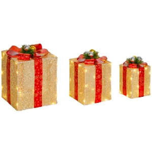 Outsunny 3-teiliges Weihnachts-Geschenkboxen-Set für Innen- und Außendekoration, mit 58 LED-Lichtern, Goldton