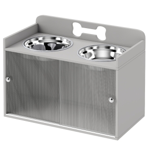 PawHut Station d'alimentation surélevée avec 2 gamelles et placard, MDF, acier inoxydable, motif os, Gris