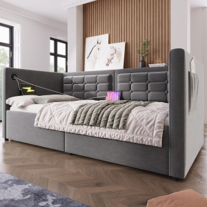 3ft Single Sofa Bed with Hydraulic Under-bed Storage and Side Pockets, Daybed with USB & Type-C Charging Station, 205L x 106W x 75H cm, Grey
