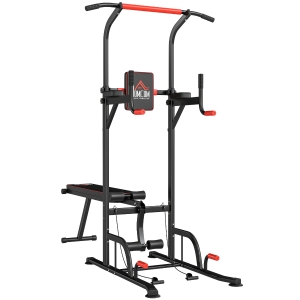 HOMCOM Torre Entrenamiento Energía Power Tower Estación Pull Up Multifuncional Ajustable en Altura con Banco Plegable Barra de Dominadas para Fitness 220x98x181-229 cm Negro