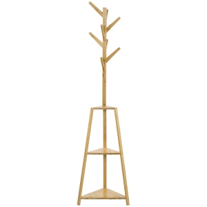 HOMCOM Bamboo Wooden Free-Standing Coat Rack Clothes Stand 8 Hooks 3 Shelves 46 x 46 x 175 cm Natural
