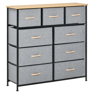 HOMCOM 9-drawer dresser fabric folding drawers storage unit - black steel frame - 100 x 30 x 100 cm, oak and grey