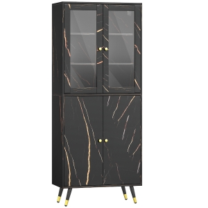 HOMCOM Bücherregal, Regal mit 6 Ebenen, Aufbewahrungsmöbel 6 offene Fächer Glastür und Schrank 70 x 35 x 170 cm schwarz