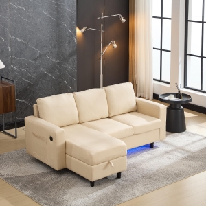 3-seater L-Shaped Couch Sofa with Reversible Chaise, USB and Type-C Charging, Convertible Sleeper for Living Room, 180L x 120W x 72H cm, Beige