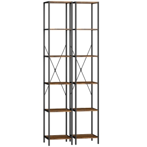 HOMCOM Set van 2 6-niveaus-boekenkasten, stalen frame, voor woonkamer, kantoor, slaapkamer, Rustiek-Bruin