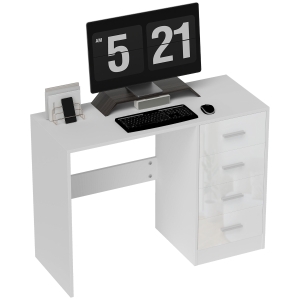 HOMCOM Computer Desk with Drawers, Dressing Table, High Gloss Home Office Writing Workstation, White