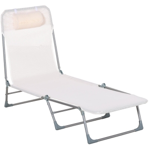 Outsunny Bain de soleil transat chaise longue inclinable pliable avec oreiller dossier réglable sur 5 niveaux crème