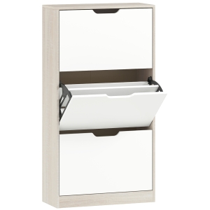 HOMCOM Schmaler Schuhschrank 3 Klapptüren Schuhschrank für Eingangsbereich für 18 Paar Schuhe 62,5x26x117,5 cm Eiche und Weiß