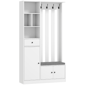 HOMCOM 180 cm garderobekast met kapstok, schoenenbank, 4 haken, open opbergplanken, MDF, wit