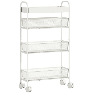 HOMCOM Wózek kuchenny metalowy, 3 kosze, wąski design, 4 koła, do kuchni, salonu, łazienki, biały