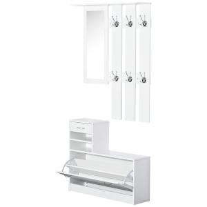 HOMCOM Set Mobili Ingresso Moderno con Scarpiera e Specchio, Appendiabiti da Ingresso con 6 Ganci, 2 Ripiani Regolabili e Cassetti in Legno per Corridoio, 90x24x166 cm, Bianco