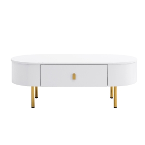 Tavolino da salotto con 2 cassetti, angoli arrotondati, maniglie e gambe dorate, 108x50x40 cm, Bianco