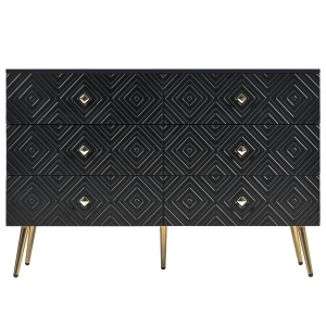 Commode 6 tiroirs, avec motif géométrique et poignées en forme de diamant, pour chambre et salon, 120x40x80 cm, Noir