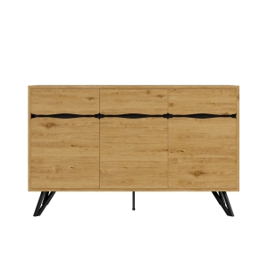 Credenza 3-ante con gambe in metallo, Ampio spazio contenitivo, 140x40x75,5 cm, Colore naturale