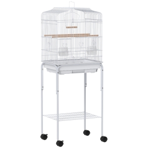 PawHut Bird Cage with Wheels Shelf Doors 2 Feeders 2 Perches Swing Removable Tray 46.5x36x124 cm White