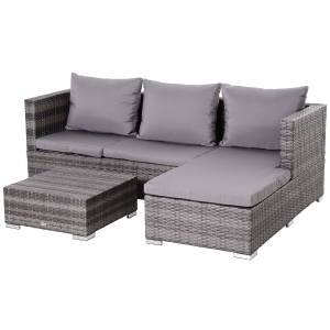 Outsunny 3 Pieces Rattan Garden Furniture Sofa Set, 4 Seater Garden Corner Sofa with 5-Level Reclining Sun Lounger and Storage Coffee Table, Outdoor Furniture Conservatory Set with Cushions, Grey