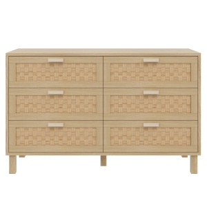 Credenza con sei cassetti in rattan, versatile armadio per la camera da letto con ampio spazio contenitivo, 120x40x75 cm, Colore naturale