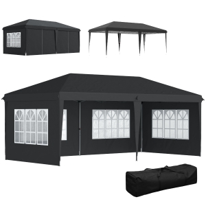 Outsunny Gazebo ca. 3x6 m Impermeabile Pop-up Gazebo Pieghevole con 4 Pareti, Finestre Protezione UV Sacca per il Trasporto Nero