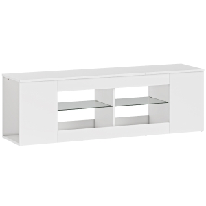 HOMCOM Soporte TV 140 cm, cómoda para TV, 6 compartimentos, 2 estantes de cristal, tablero de partículas, blanco