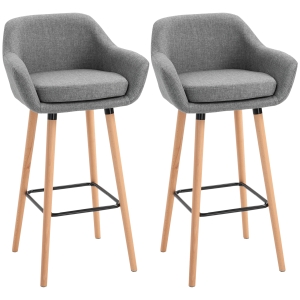 HOMCOM Set of 2  Bar Stools Modern Upholstered Seat Bar Chairs w/ Metal Frame, Solid Wood Legs Living Room Dining Room Fabric Furniture - Grey