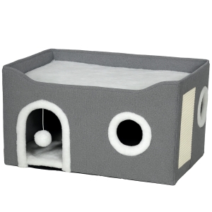 PawHut Cat Bed for Indoor Pets, Foldable Cat House with Fluffy Ball and Scratch Pad for Small and Medium Pets, Grey