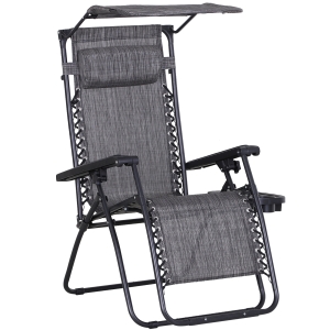 Outsunny Foldable Reclining Garden Chair with Headrest, Zero Gravity Deck Sun Lounger Seat with Footrest, Armrest, Cup Holder & Canopy Shade, Grey