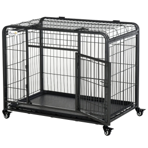 PawHut Kennel per Cani Pieghevole a Doppia Porta con Blocco, 4 Ruote con Freno e Fondo Rimovibile, 94x58x69.5 cm, Grigio