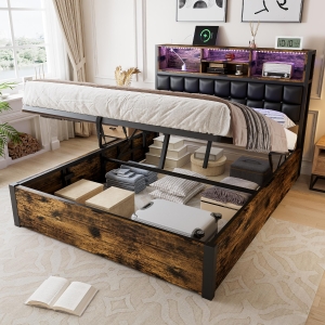 Hydraulic Storage Bed with Charging Sockets and LED Strip, Double Bed with Hydraulic Storage, 208L x 141W x 107H cm, Black+Neutral