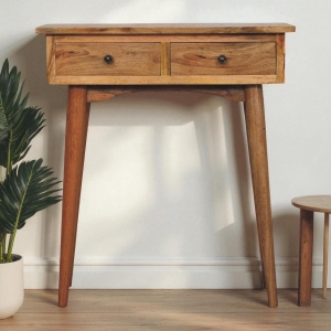 Solid Mango Wood Mini Console Table with Oak-effect Finish, 2 Smooth-Gliding Drawers, Desk with Circular Silhouette, 30L x 70W x 78H cm, Brown