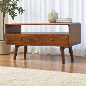 Solid Mango Wood Curved Media Unit with 2 Smooth-Gliding Drawers and Open Shelf, Table for Ample Storage, 35L x 90W x 47H cm, Brown