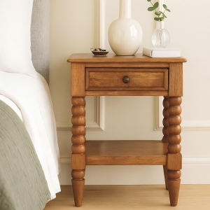 Solid Wood Spindle Bedside Table with Durable Construction, Console Table with Drawer and Shelf Storage, 35L x 45W x 60H cm, Brown