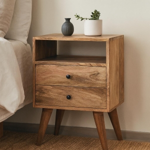 Solid Mango Wood Bedside Table with 2 Smooth‑Gliding Drawers and Open Shelf, Hand‑Finished Desk with Durable Storage, 35L x 45W x 60H cm, Brown