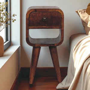 Solid Mango Wood Mini Bedside Table with Drawer, Open Shelf, Curved Lower Shelf, Desk with Solid Wood Construction, 20L x 20W x 40H cm, Brown