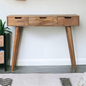 Solid Mango Wood Dressing Table with Mirror and 2 Smooth‑Gliding Drawers, Desk with 4 Storage Compartments, 40L x 100W x 78H cm, Brown