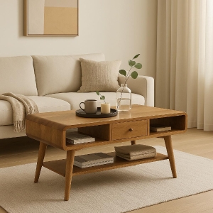 Solid Mango Wood Curved Coffee Table with 2 Drawers and 2 Open Compartments, Desk with Clear Natural Finish, 55L x 85W x 45H cm, Brown