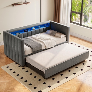 Space-Saving Pull-Out Double Bed with USB Type-C Charging and LED Lighting, Sleeper Sofa with Sturdy Wood, 201L x 100W x 73H cm, Dark Gray