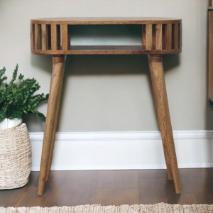 Solid Wood Ariella Console Table with Hand-finished, Open Shelf, Desk with Scandi-inspired Nordic Legs, Circular Design, 30L x 70W x 80H cm, Brown