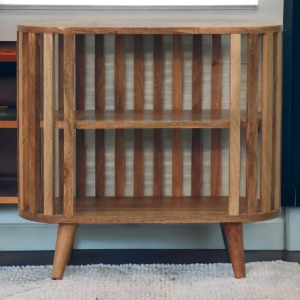 Solid Mango Wood Ariella Cabinet with 2 Open Shelves with Oak-like Finish, Bedside Shelf with Slim Nordic Legs, 30L x 70W x 65H cm, Brown