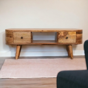 Solid Wood Mini Rounded Entertainment Unit with 2 Smooth‑Gliding Drawers, Handcrafted Table with Open Slot, 30L x 100W x 37H cm, Brown