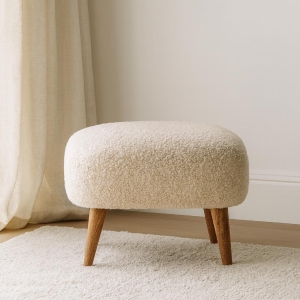 Solid Mango Wood Bouclé Square Footstool with Space-Saving Profile, Upholstered Footstool with Nordic Slim Legs, 40L x 40W x 35H cm, Brown