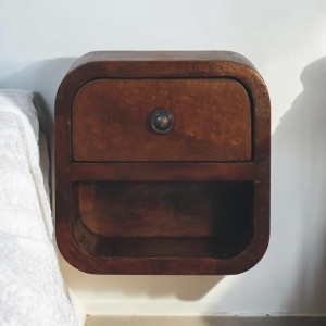 Solid Mango Wood Extra-Mini Curved Bedside Table with Open Shelf, Bedside Cabinet with Robust Steel Frame, 17L x 20W x 20H cm, Brown