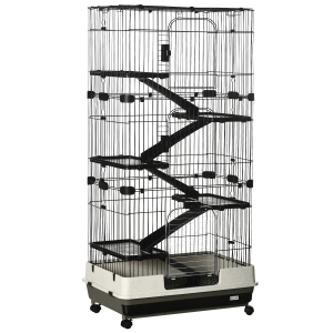 PawHut Gaiola para Coelho Cercado de 5 Níveis com 3 Portas 5 Rampas Bandeja Removível Rodízios 81x52,5x159 cm Preto e Cinza