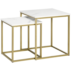 HOMCOM Conjunto de 2 Mesas de Centro Ninho Quadradas Estilo Art Déco Aço Dourado Painéis Efeito Mármore Branco